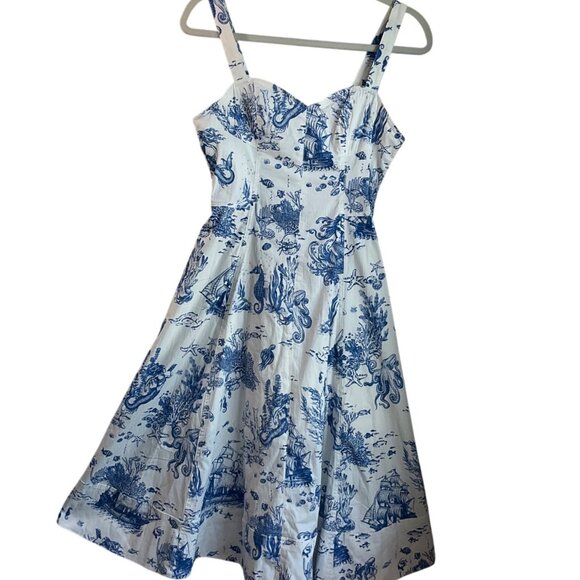 New Avec Les Filles 6 Blue White Toile Sea Creatures Mermaid Seahorse Midi dress - Picture 2 of 16